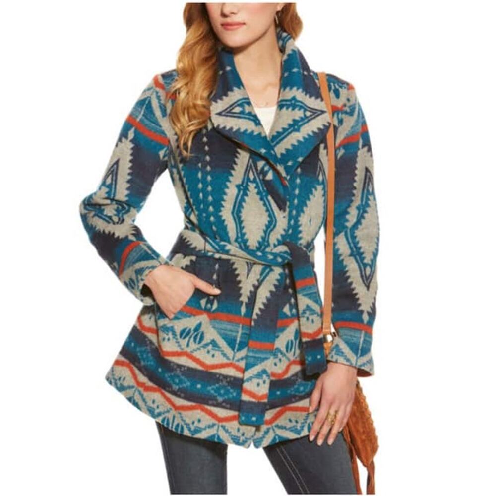 Womens Ariat Calico Coat Size Small Southwest Geometric Blue Brown Tie Waist